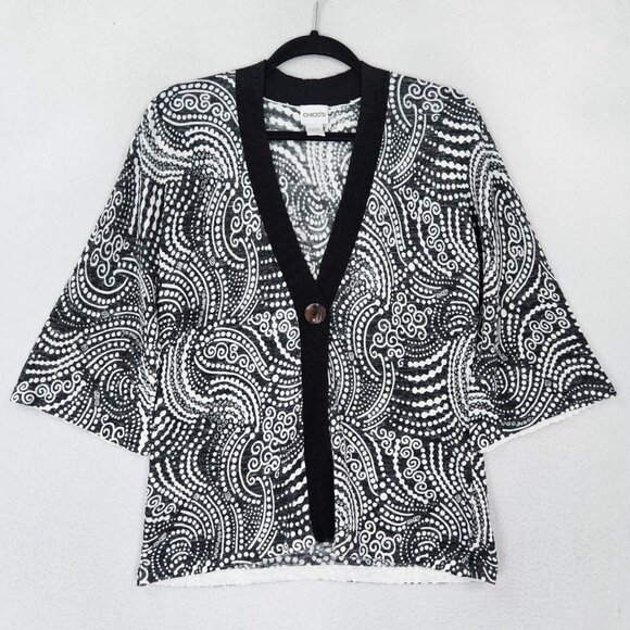 Chicos Sweater Women 0 Black White 4 3/4 Sleeve Cardigan Lightweight Linen Blend - Picture 1 of 11